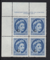 Canada MNH Scott #O44 'G' Overprint On 5c QEII Wilding Plate #7 Upper Left PB - Aufdrucksausgaben