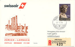 Liechtenstein Swissair First Flight Zurich - Larnaka 27-3-1984 - Storia Postale