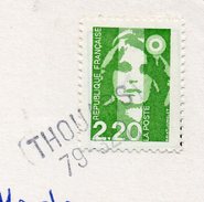 1992--griffe Horizontale "THOUARS  79 " Sur Tp  Le Tout Sur Carte Postale De Lourdes - Manual Postmarks