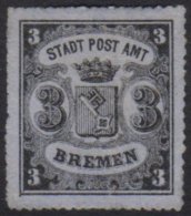 BREMEN 1864 3Gr Black On Blue Grey, Vertically Laid Paper, Rouletted 16, Michel 6x, Very Fine Unused, Signed... - Other & Unclassified