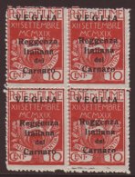 VEGLIA 1920 (28 Nov) Small Letters 10c Carmine, Sass 6, Fine Never Hinged Mint BLOCK OF FOUR. For More Images,... - Fiume