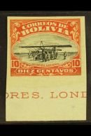 1924 10c Vermilion & Black Air Aviation School IMPERF Variety Sanabria 11 (as Scott C1, SG 170), Very Fine... - Bolivia