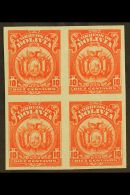1923-7 10c Vermilion, Coat Of Arms, IMPERFORATE BLOCK OF 4, Scott 131, Never Hinged Mint. For More Images, Please... - Bolivie