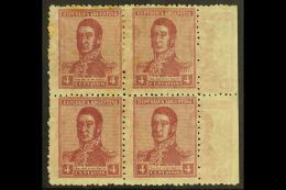 1920 4c Red-violet Perf 13½x12½ (Scott 268, SG 466A), Mint Marginal BLOCK Of 4 Showing DOUBLE... - Other & Unclassified
