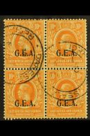 1922 10c Orange "G.E.A." Overprint, SG 73, Used BLOCK Of 4 Cancelled By Two "Daressalam" Cds's, Fresh. (4 Stamps)... - Tanganyika (...-1932)