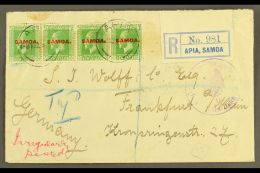 1922 (4 May) Registered Cover To Germany Bearing KGV ½d Strip Of Four, Tied By Apia Cds's; Endorsed... - Samoa