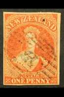 1864 1d Carmine- Vermilion Imperf, Wmk "NZ", SG 97, Used With 4 Margins & Light "17" Numeral Pmk, Thin Patch.... - Andere & Zonder Classificatie