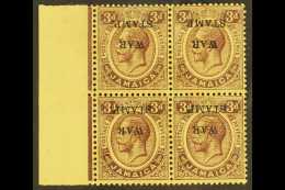 1917 3d Purple On Yellow, "War Stamp" Marginal Block Of 4, Variety "Ovpt Inverted", SG 75c, Couple Of Tone Spots... - Jamaica (...-1961)