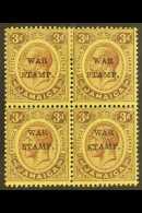 1916 3d Purple On Lemon, "War Stamp" Mint Block Of 4 One Showing Variety "S Inserted By Hand", SG 72/72c, Tone... - Jamaica (...-1961)