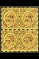 1916 3d Purple On Lemon, "War Stamp" Mint Block Of 4 One Showing Variety "S Inserted By Hand", SG 72/72c, Tone... - Jamaïque (...-1961)