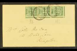 1916 ½d Green Ovptd "War Stamp", Superb Vertical Corner Strip Of 3 Showing "Raised Quad" And "Spaced W And... - Jamaica (...-1961)