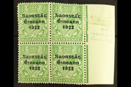 1922-23 SAORSTAT ½d Green, Right Marginal Block Of Four, One Showing Accent Inserted By Hand, SG 52b, Fresh... - Other & Unclassified