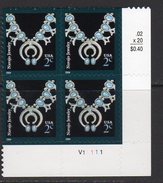 USA 2002 Arts & Crafts 2c Navajo Necklace Sheet Stamp Plate Block Of 4, Perf. 11½ X11, MNH (SG 4092) - Nuevos