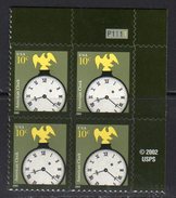 USA 2002 Arts & Crafts 10c American Clock Sheet Stamp Plate Block Of 4, Perf. 11½ X11, MNH (SG 4093) - Nuovi