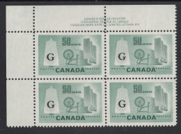 Canada MNH Scott #O38 'G' Overprint On 50c Textile Industry Plate #1 Upper Left PB - Surchargés