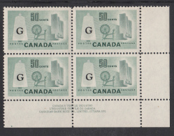 Canada MNH Scott #O38a 'Flying G' Overprint On 50c Textile Industry Plate #1 Lower Right PB - Sovraccarichi