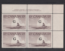 Canada MNH Scott #O39 'G' Overprint On 10c Inuk, Kayak Plate #1 Upper Right PB - Surchargés