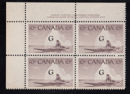 Canada MNH Scott #O39a 'Flying G' Overprint On 10c Inuk, Kayak Plate #4 Upper Left PB - Overprinted