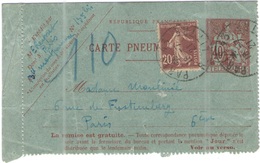 FRANCIA - France - 1921 - 40c Télégraphe + 20c - Carte Lettre Pneumatique - Viaggiata Da Paris Per Paris - Pneumatiques