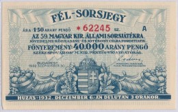 Budapest 1932. 'Az 59. Magyar Királyi Állami Sorsjáték' Fél Sorsjegye, 1,50P... - Non Classificati