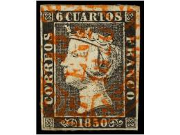 ° ESPAÑA. Ed.1. 6 Cuartos Negro, Pl. I. Mat. Fechador CASTROPOL/15 ENE 1850/ASTURIAS. MUY... - Other & Unclassified