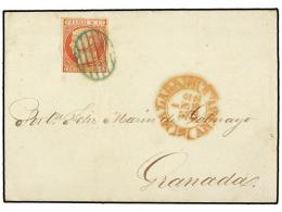 ESPAÑA. Ed.12. 1852. MALAGA A GRANADA. 6 Cuartos Rosa, Mat. Parrilla Azul Y Fechador... - Sonstige & Ohne Zuordnung