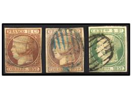 ° ESPAÑA. Ed.13 (2), 15. 12 Cuartos Lila, Mat. PARRILLA AZUL (2) Y 5 Reales Verde.... - Andere & Zonder Classificatie