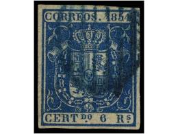 ° ESPAÑA. Ed.27. 6 Reales Azul, Mat.PARRILLA AZUL. MUY RARO Y De LUJO. Cert. GRAUS. Cat.... - Altri & Non Classificati