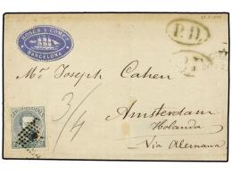 ESPAÑA. Ed.126. 1873. BARCELONA A AMSTERDAM (Holanda). 50 Cts. Verde. Preciosa Etiqueta Comercial De... - Autres & Non Classés