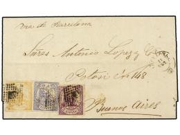 ESPAÑA. Ed.144, 145, 149. 1874. BARCELONA A BUENOS AIRES. 5 Cts. Lila, 10 Cts. Azul Y 50... - Other & Unclassified