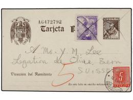 ESPAÑA ENTEROS POSTALES. 1941. MADRID A SUIZA. Entero Postal De 20 Cts. Castaño Con Franqueo... - Altri & Non Classificati