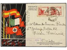 ESPAÑA GUERRA CIVIL. 1939. GIJÓN A OVIEDO. Tarjeta Postal Con Franqueo De 10 Cts. (2) Dirigida... - Sonstige & Ohne Zuordnung