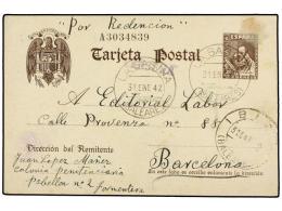 ESPAÑA GUERRA CIVIL. 1942. LA SABINA (Isla De Formentera) A BARCELONA. Entero Postal De 20 Cts.... - Andere & Zonder Classificatie