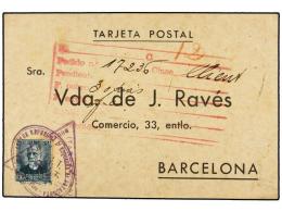 ESPAÑA GUERRA CIVIL. 1936. RIBARROJA DE EBRO. Tarjeta Circulada Con Sello De 15 Cts. Verde. Marca... - Autres & Non Classés