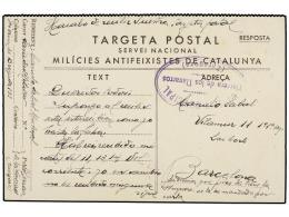 ESPAÑA GUERRA CIVIL. 1937. HERRERA DE LOS NAVARROS (Zaragoza) A BARCELONA. Tarjeta Postal Milicies... - Other & Unclassified