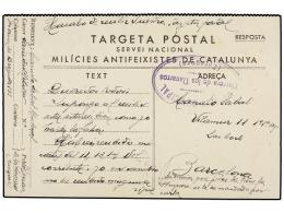 ESPAÑA GUERRA CIVIL. 1937. HERRERA DE LOS NAVARROS (Zaragoza) A BARCELONA. Tarjeta Postal Milicies... - Altri & Non Classificati