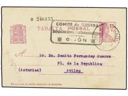 ESPAÑA GUERRA CIVIL. 1936. GIJÓN A AVILÉS. Entero Postal De 15 Cts. Lila. Marca... - Autres & Non Classés