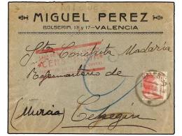 ESPAÑA GUERRA CIVIL. 1938. VALENCIA A CEHEGÍN. 45 Cts. Rosa. Marca CASA DE... - Sonstige & Ohne Zuordnung