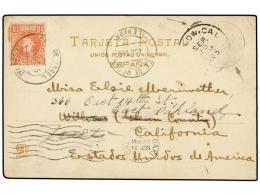 ANDORRA. 1905. ANDORRA A CALIFORNIA (U.S.A.). Tarjeta Postal Con Sello De 10 Cts. Rojo, Fechador De La SEO... - Andere & Zonder Classificatie