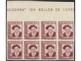 ** ANDORRA. Ed.48s (8). 20 Cts. Lila. Bloque De Ocho SIN DENTAR Cabecera De Pliego Con Parte De La... - Other & Unclassified