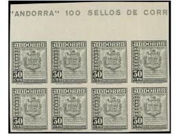 ** ANDORRA. Ed.50s (8). 30 Cts. Verde Oliva. Bloque De Ocho SIN DENTAR Cabecera De Pliego Con Parte... - Andere & Zonder Classificatie