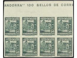 ** ANDORRA. Ed.51s (8). 50 Cent. Verde. Bloque De Ocho SIN DENTAR Cabecera De Pliego Con Parte De La... - Altri & Non Classificati