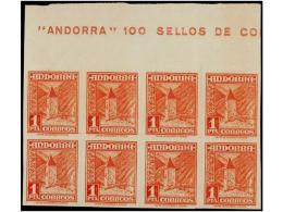 ** ANDORRA. Ed.54s (8). 1 Pta. Bermellón. Bloque De Ocho SIN DENTAR Cabecera De Pliego Con... - Andere & Zonder Classificatie