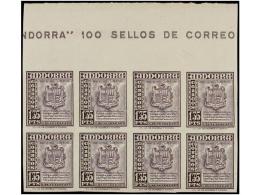 ** ANDORRA. Ed.55s (8). 1,35 Pts. Violeta. Bloque De Ocho SIN DENTAR, Cabecera De Pliego Con Parte De... - Andere & Zonder Classificatie