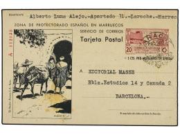 MARRUECOS. Entero Postal De 20 + 5 Cts. Lila Y Verde Circulado De LARACHE A BARCELONA. Mancha Del Tiempo... - Autres & Non Classés