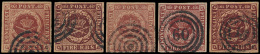 N° 2 '1851/52, 4 S Bruin' (5x) Verschill - Oblitérés
