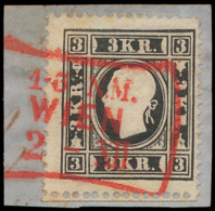 N° 7 '3 Kr Zwart, Type I' Op Fragment, M - Used Stamps