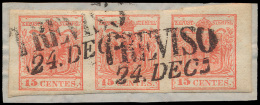 N° 3 '15c Rood, Type I' (Strip Van 3) Op - Lombardo-Vénétie