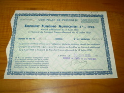 Autriche, Emprunt Funding 5 % 1923, Certificat De Propriété De 100 Frs,Banque De Paris Et Des Pays Bas 1939 - A - C