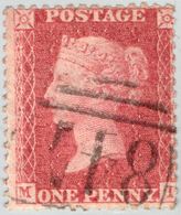 Great Britain 1855-1858 1 D  Perf 14, Alph. MI, Cancel  847 Warrington - Oblitérés